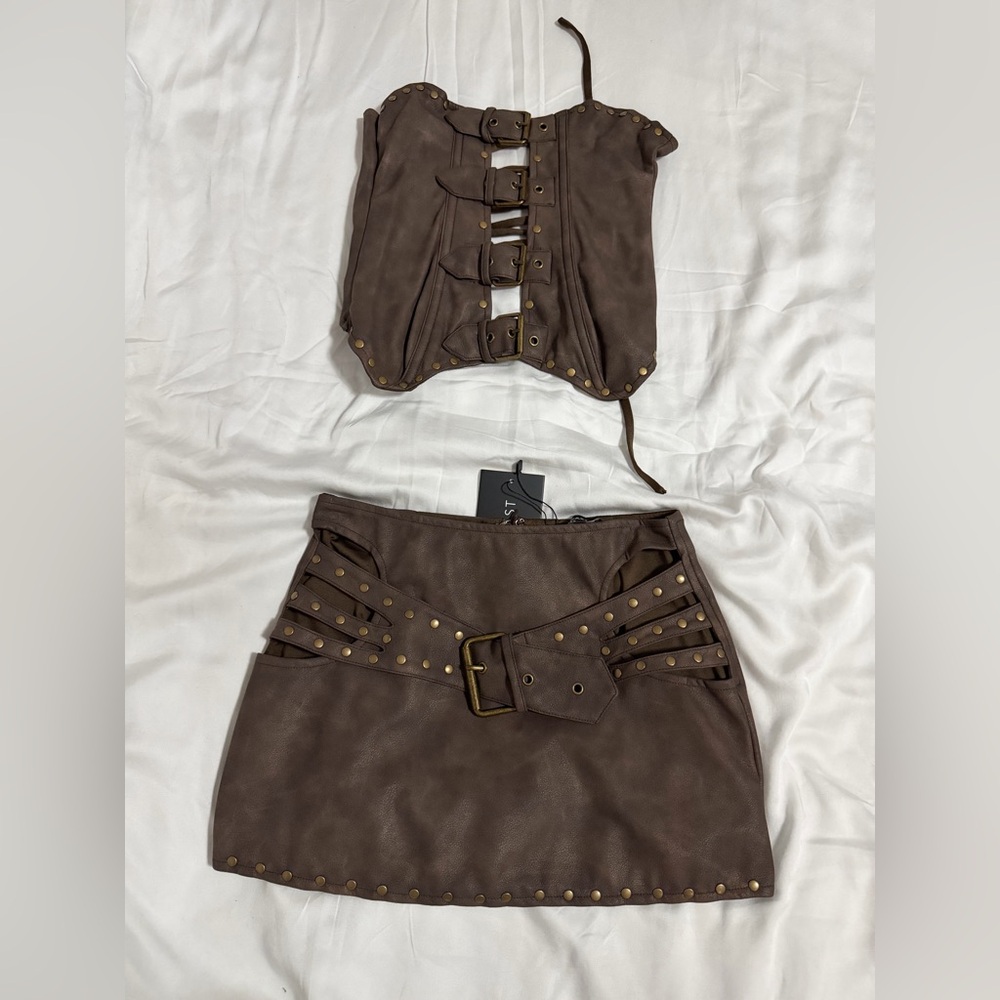 Brown Studded Skirt Set with Buckle Detail